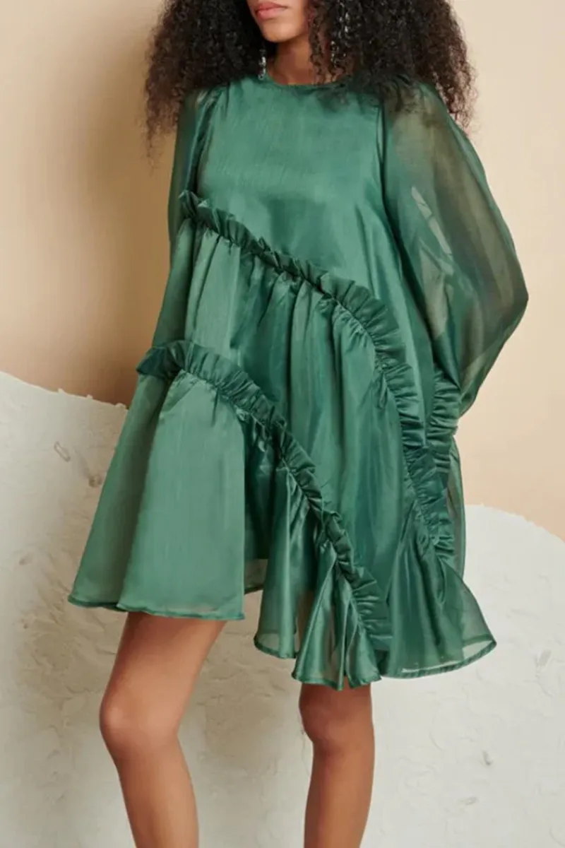 Green Ruffled Organza Mini Dresses