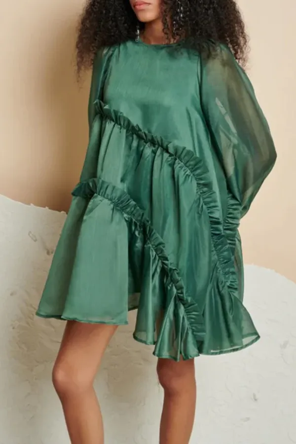 Green Ruffled Organza Mini Dresses