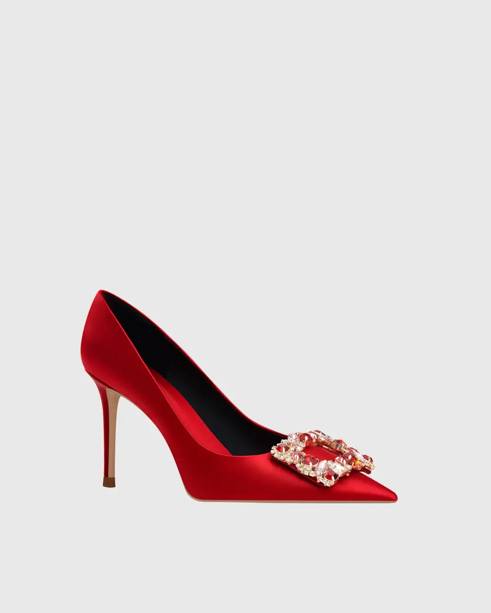 Rhinestone Buckle Satin Pumps in Red