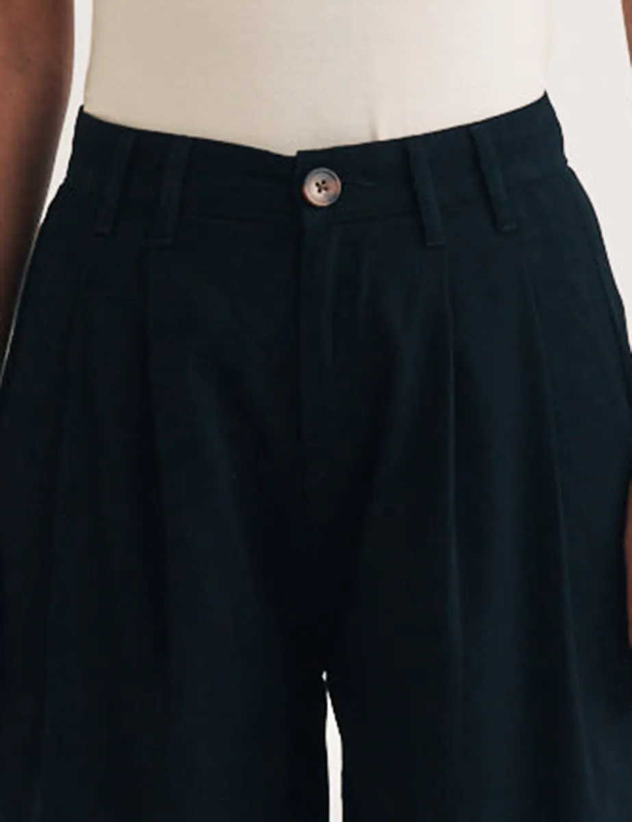 Black Twill Pleated Wide Leg Trousers