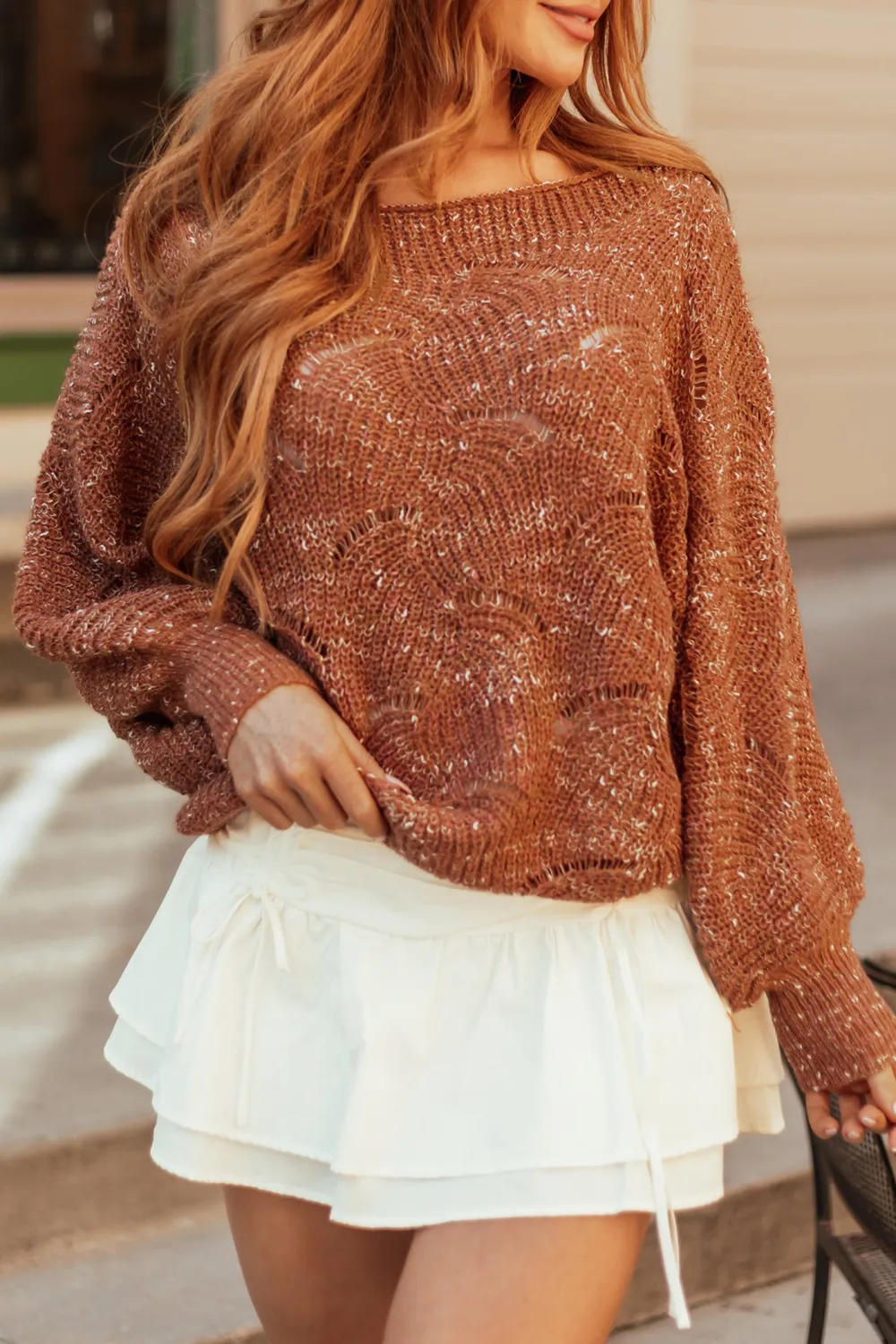 Terracotta Pointelle Long Balloon Sleeve Sweater
