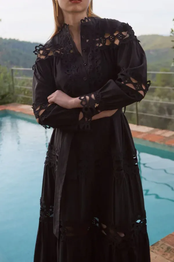 Lace Trimmed Long Sleeve Midi Dresses