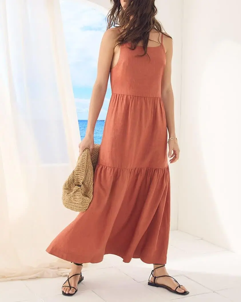 Sleeveless Square-Neck Linen-Blend Straight Maxi Dress