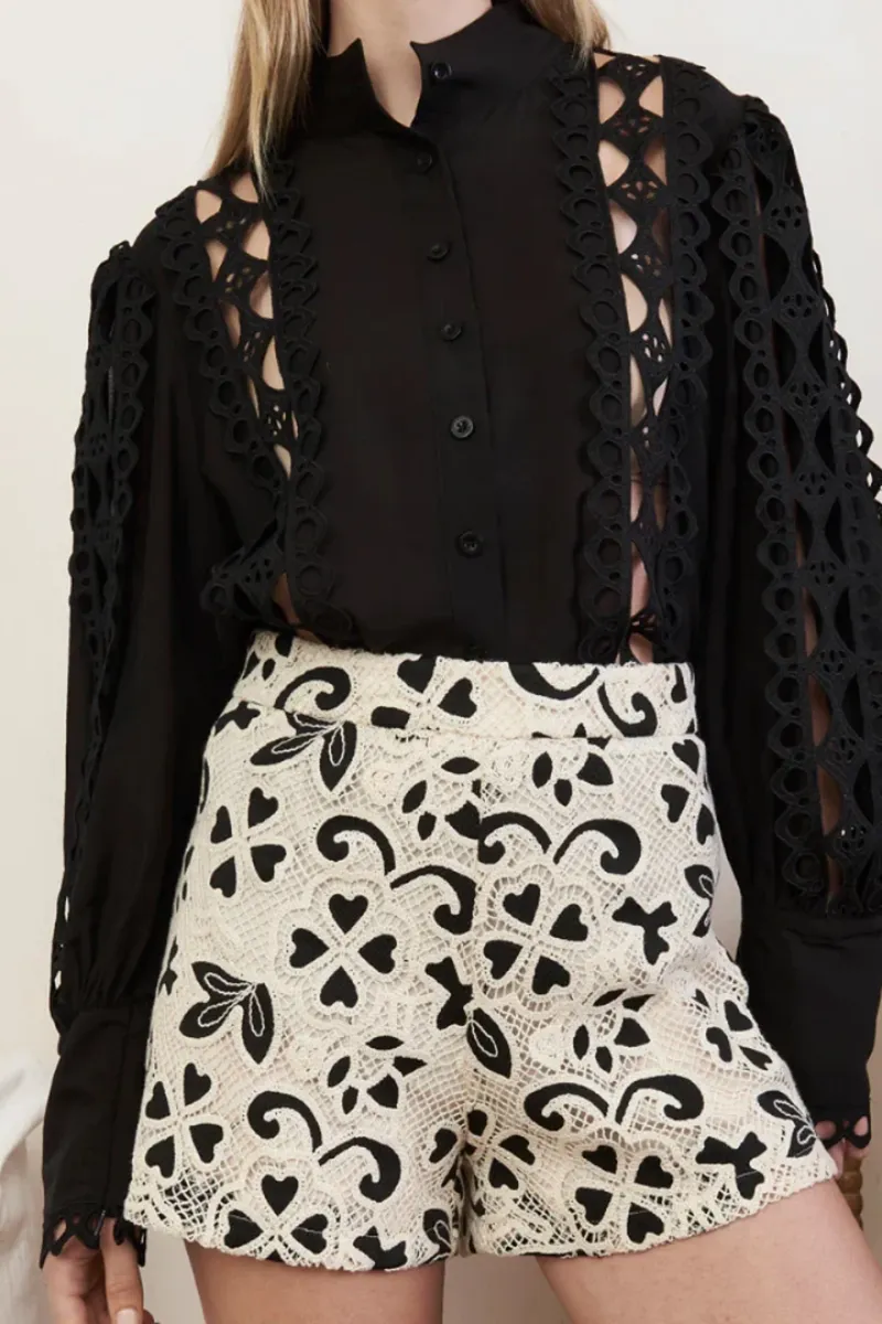 Cutout Detail Eyelet Embroidered Shirts