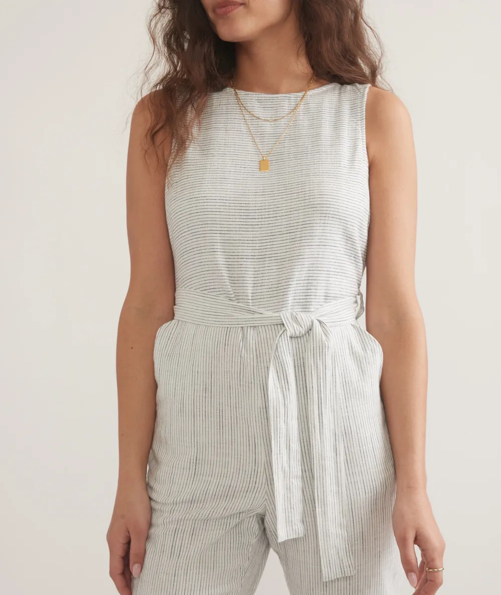 Belted Striped Linen Jumpsuit