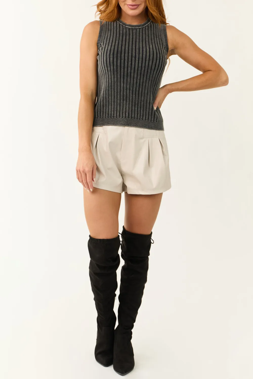 Charcoal Ribbed Knit Sleeveless Fitted Top