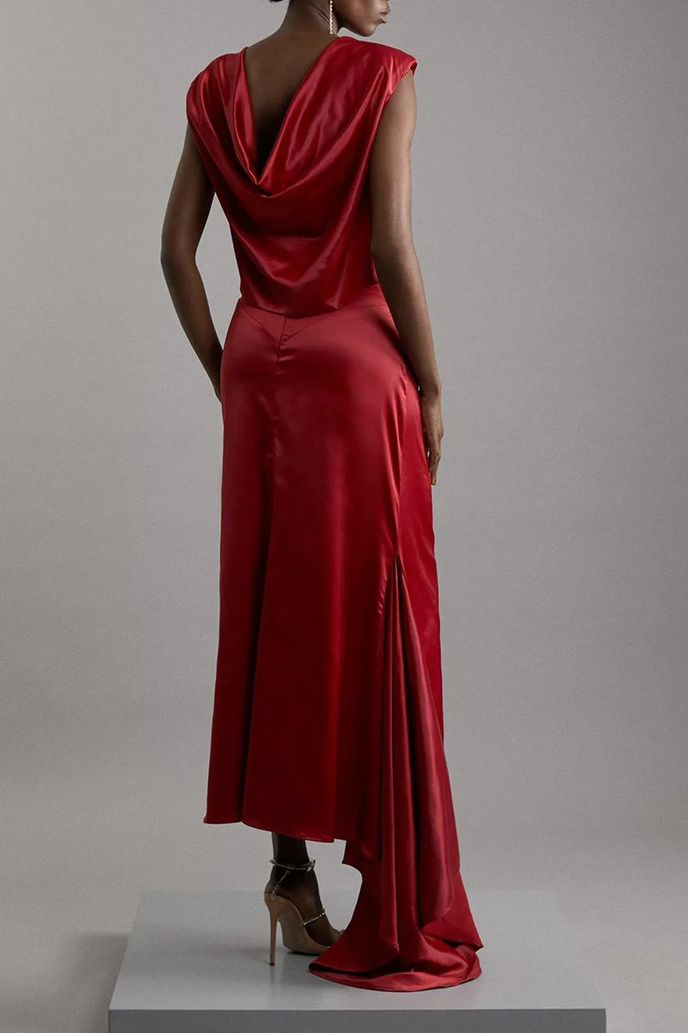 High Neck Sleeveless Satin Drape Woven Midaxi Dress