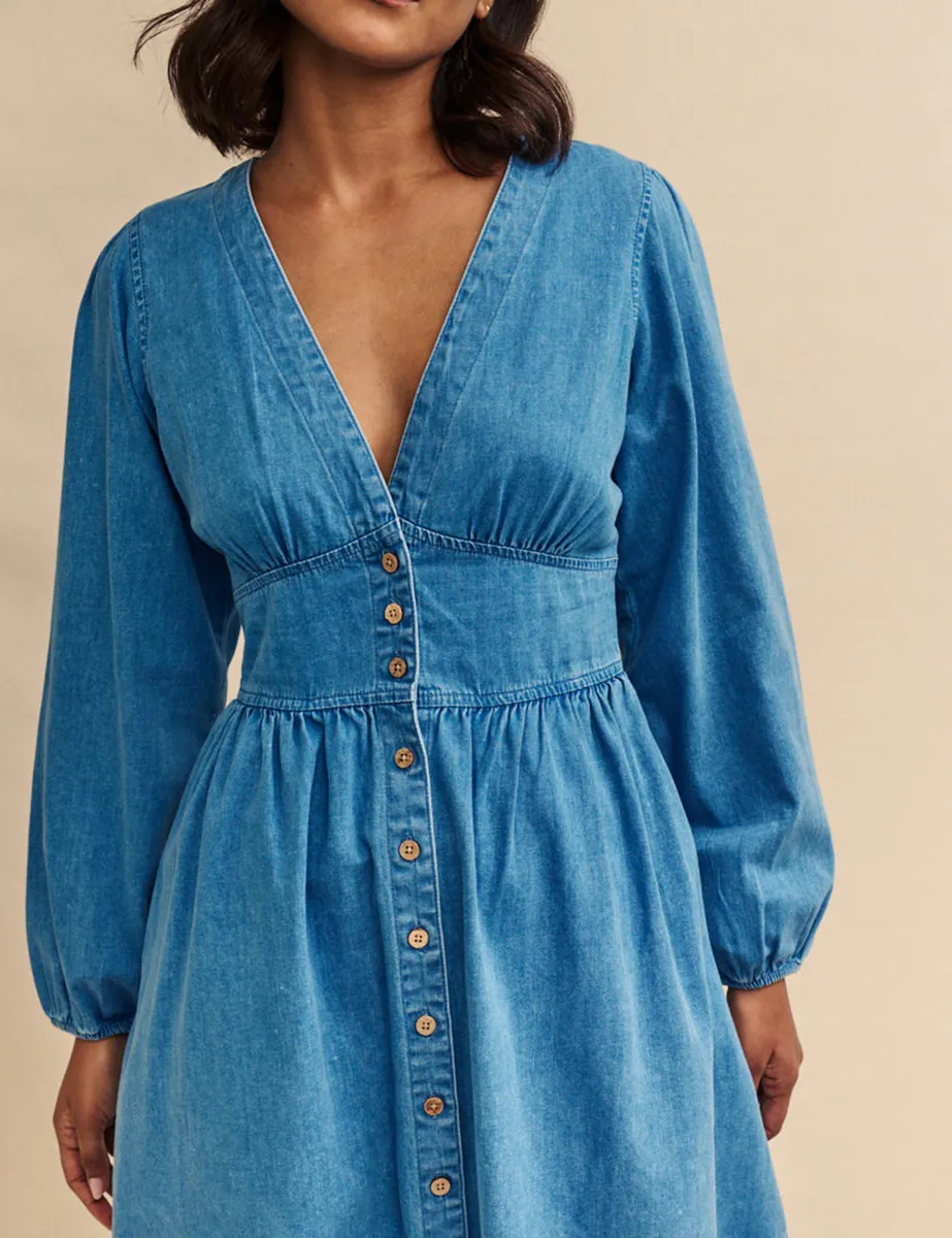 Denim Long Sleeve Button Front Mini Dress