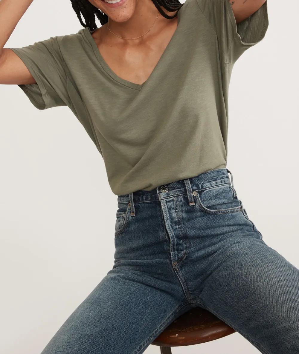 V - Neck Relaxed Fit Linen Blend Tee