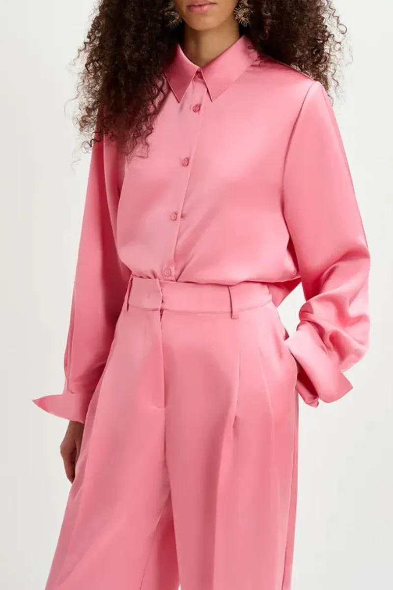 Pink Belted Waist Satin Shirts