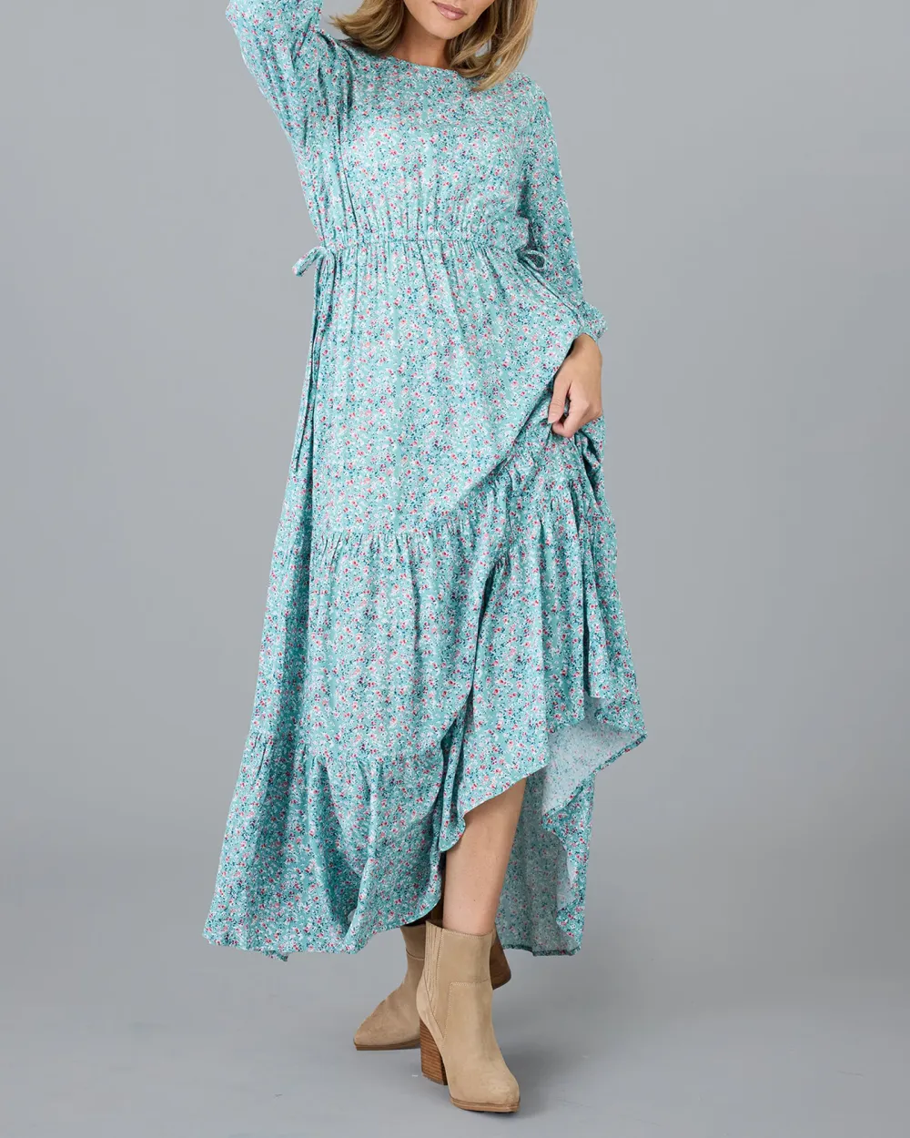 Blue Floral Print Tiered Maxi Dress