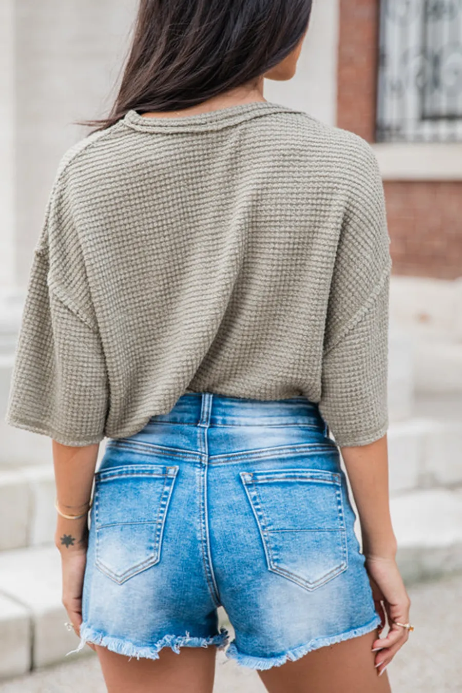 Olive Waffle Knit V-Neck Bodysuit