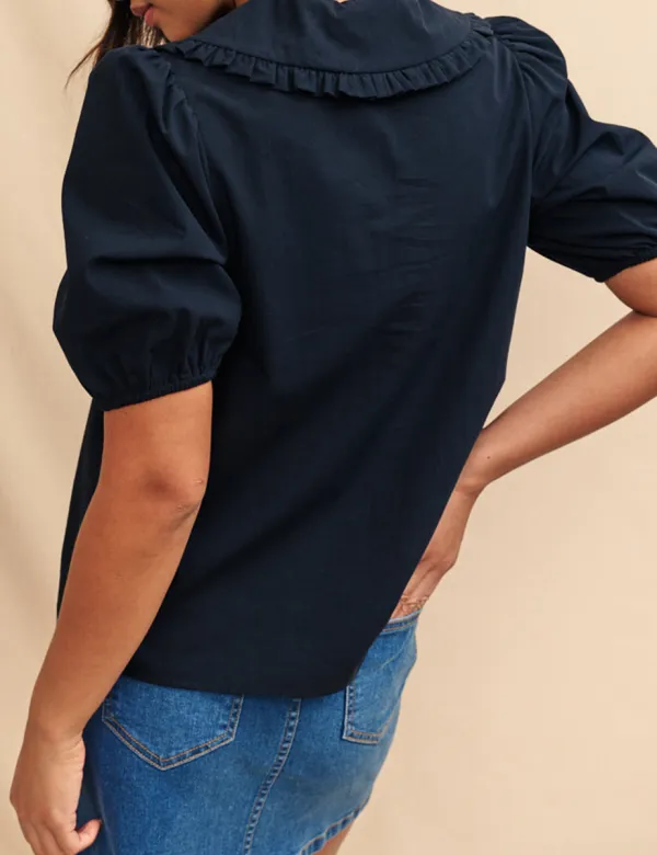 Black Collared Ruffled Blouse