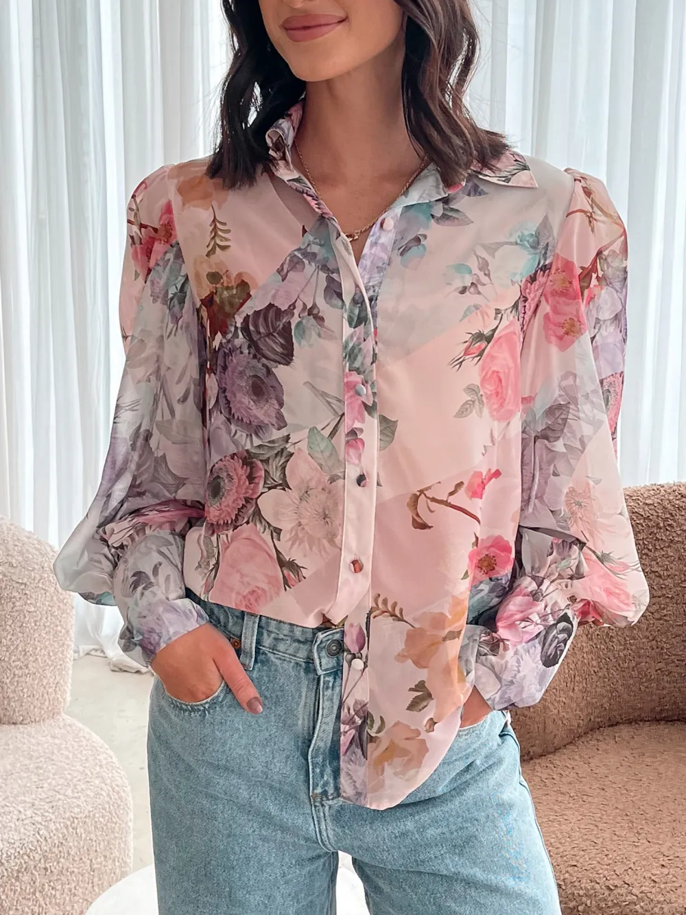 Pink Patchwork Print Fleet Blouse