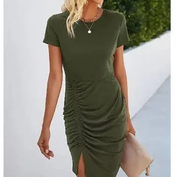 Round-Neck Ruched Split Hem Dress