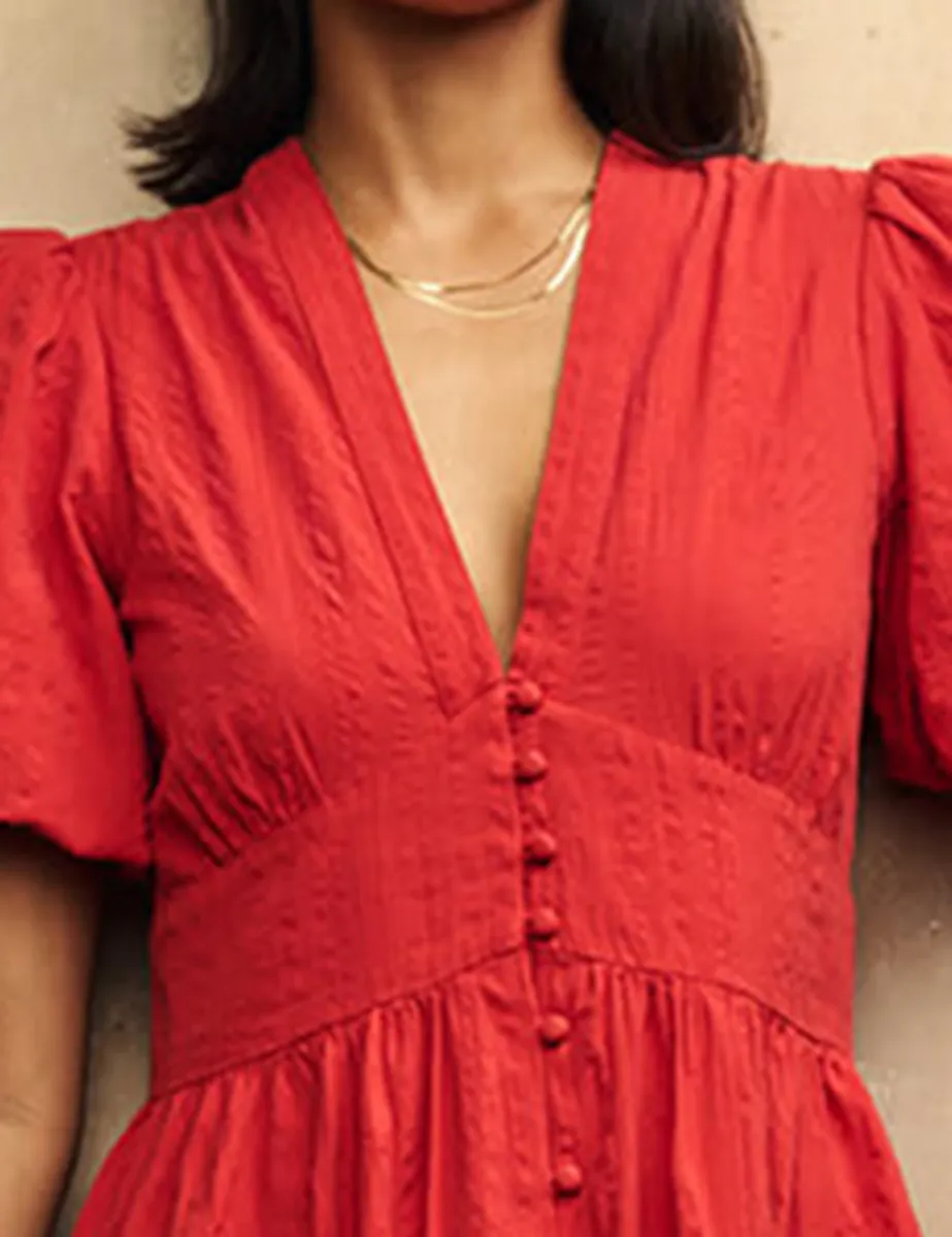 Red V-Neck Straight Cut Midi Dress