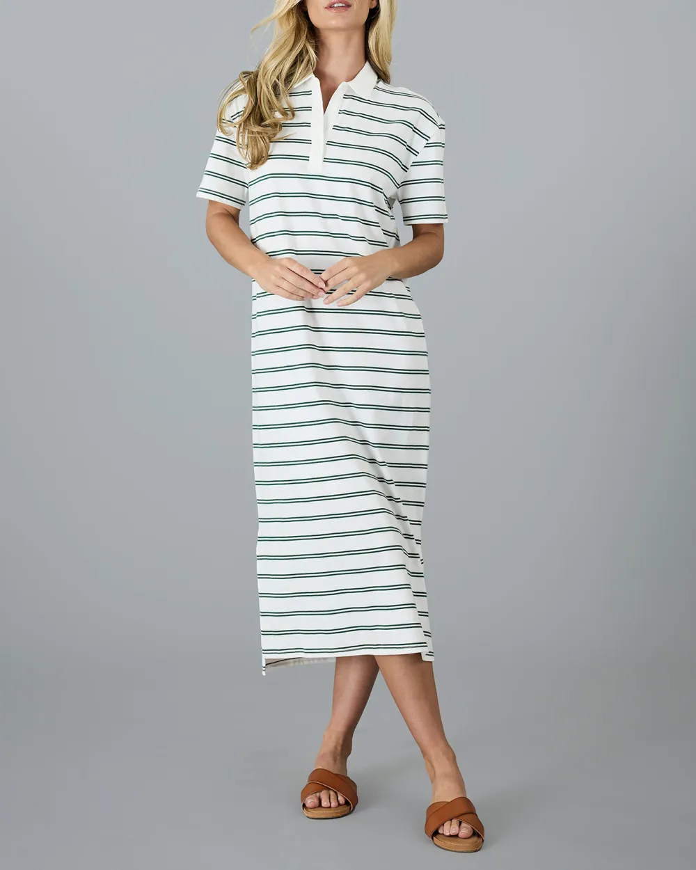 Green Polo Stripe Puff Sleeves Dress