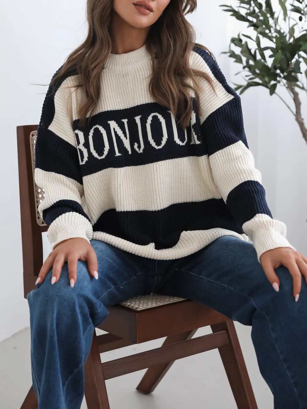 Navy Multi Casual Style Crew Neck Knit