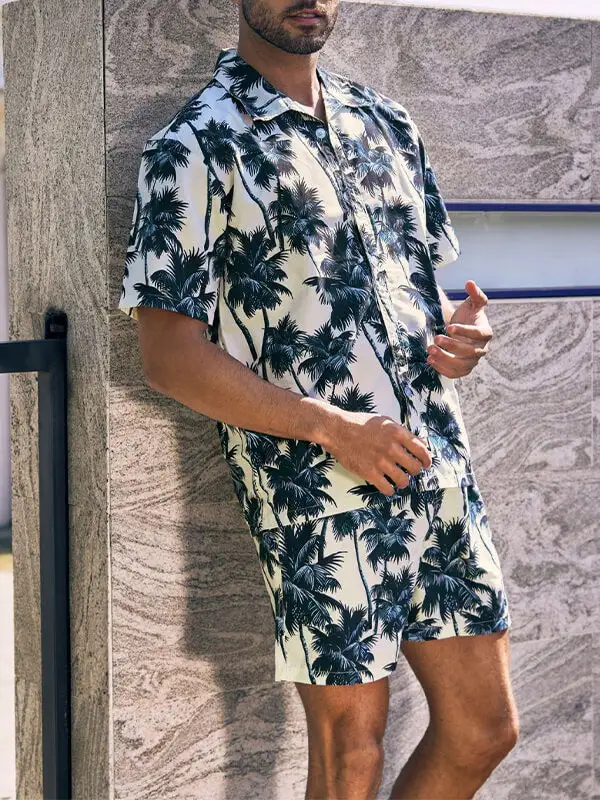 Men'S Tropical Coconut Tree Print Short-Sleeved Hawaiian Resort Shirt + Casual Shorts Two-Piece Set