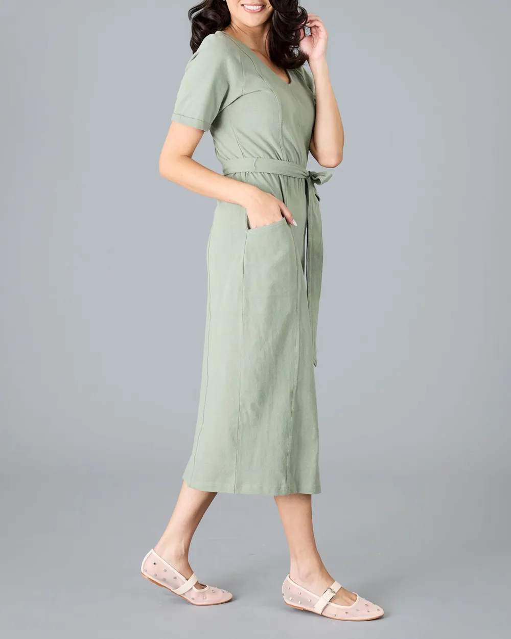 Slight Stretch V Neck Midi Dress