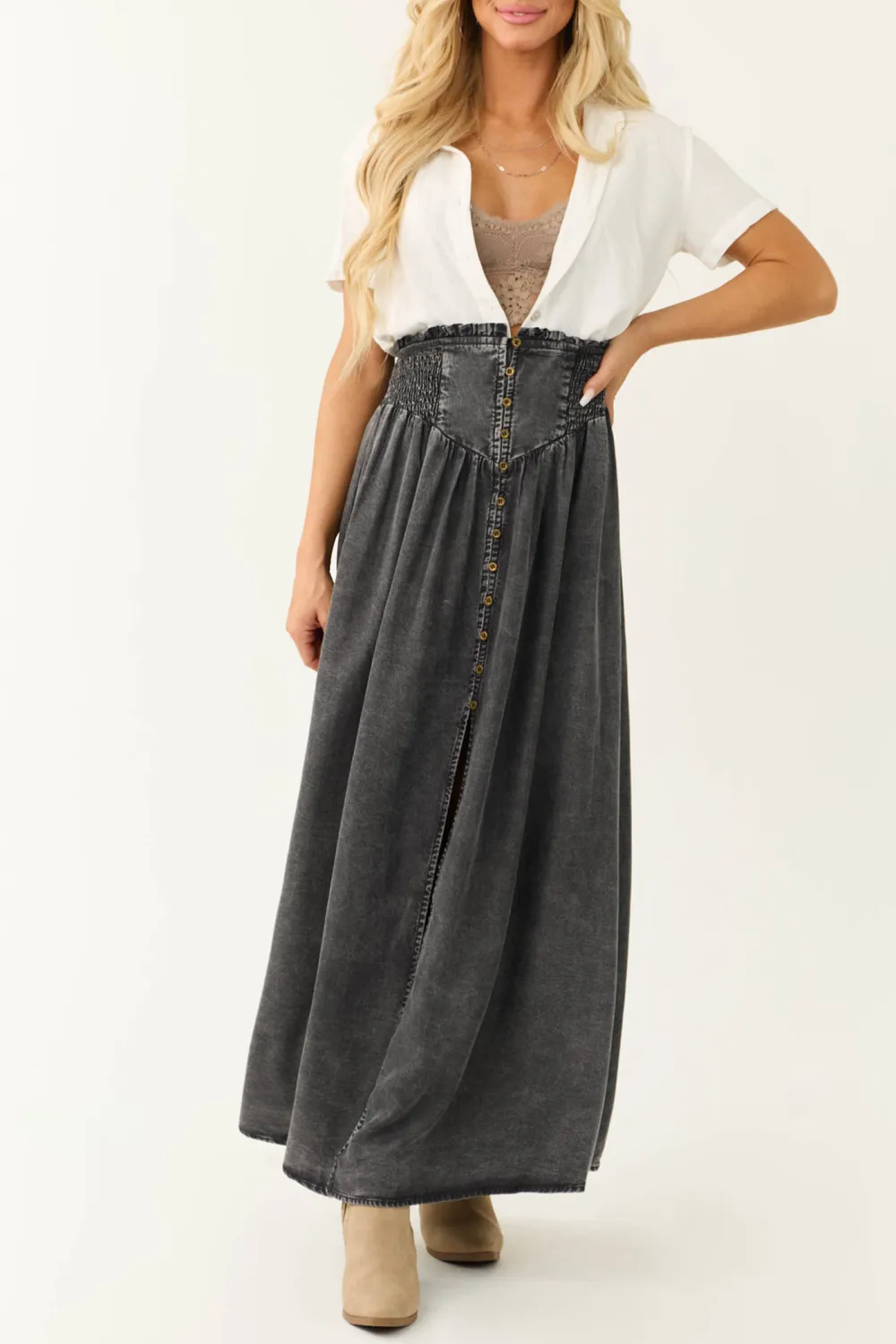 Graphite Acid Washed Denim Smocked Maxi Skirt