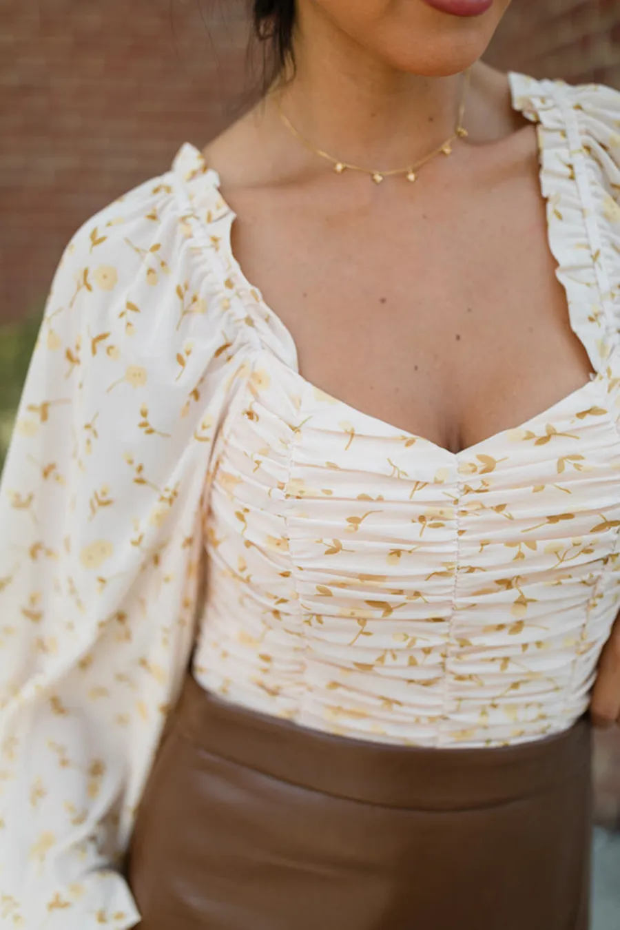 Tan Ruched Balloon Sleeve Floral Bodysuit