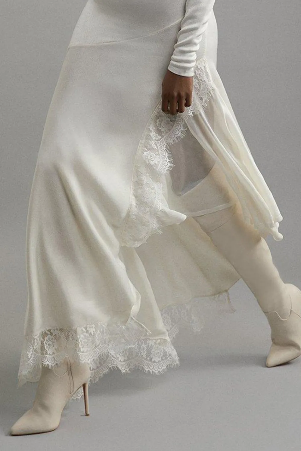 Viscose Blend Slinky Sheer Lace Detail Asymmetric Knit Midaxi Dress