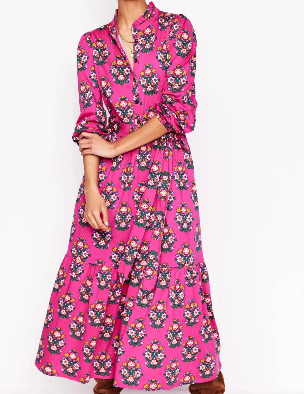 Hot Pink Floral Belted Midi Dress