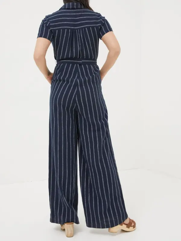 Blue Stripe Linen Blend Jumpsuit