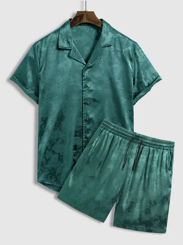 Men'S Satin Paisley Pattern  Cuban Collar Shirt Casual Shorts Set