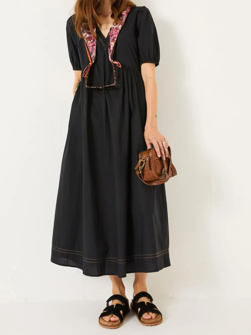 Black Embroidered Cotton Midi Dress
