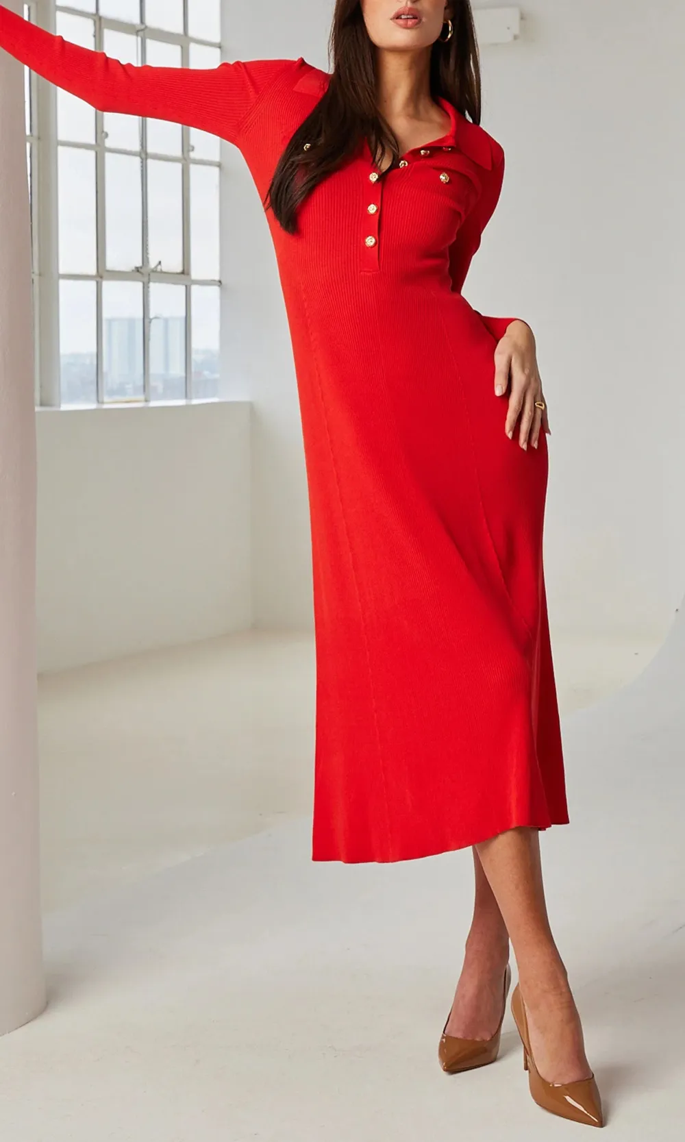 Red Lapel Long Dress