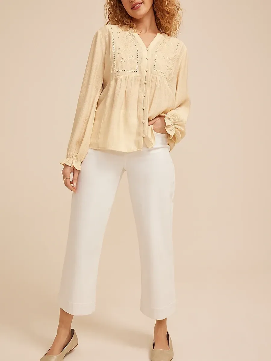 Eyelet Detail V-Neck Blouse