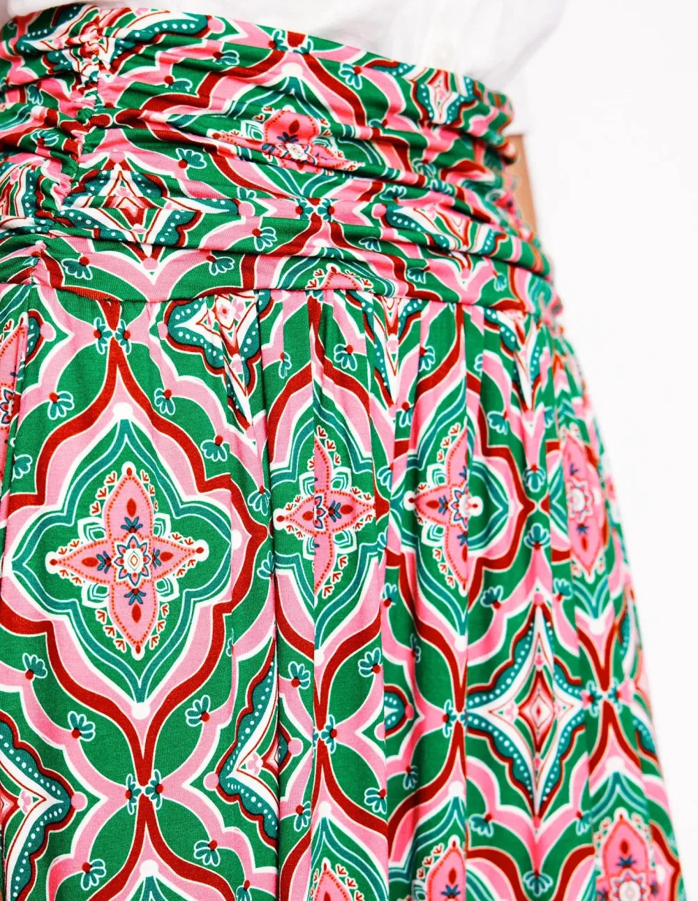 Green Geometric - Print Linen Midi Skirt