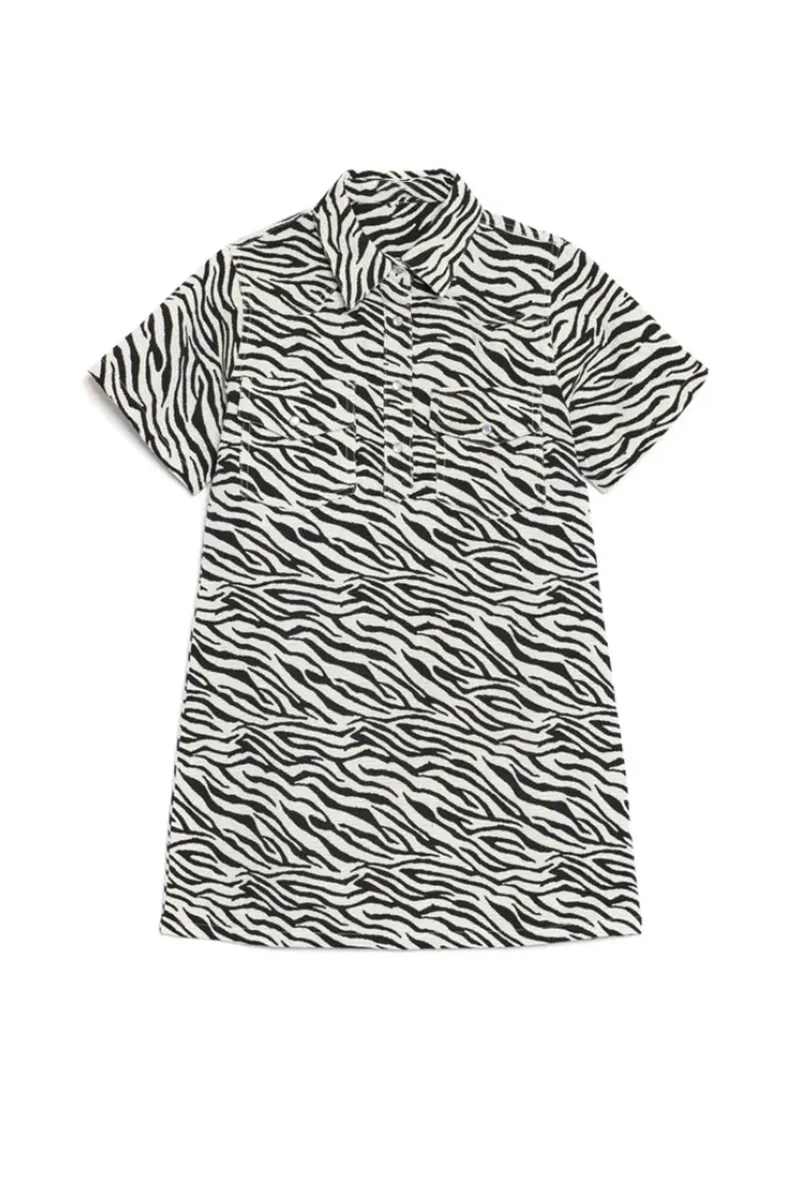 Zebra Print Collared Short Sleeve Dresses