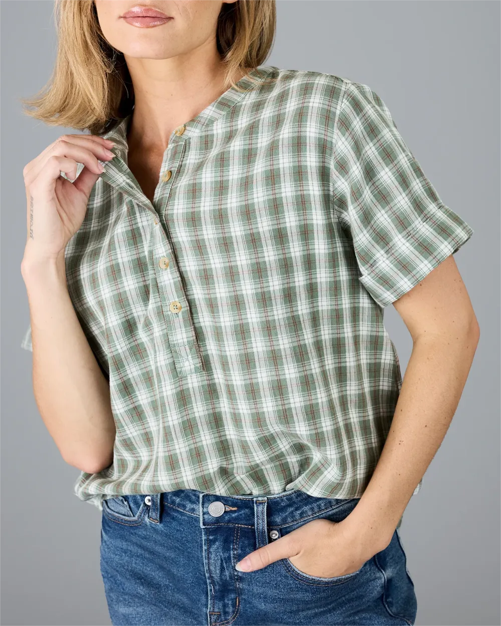Green And White Checkered Henley Shirt