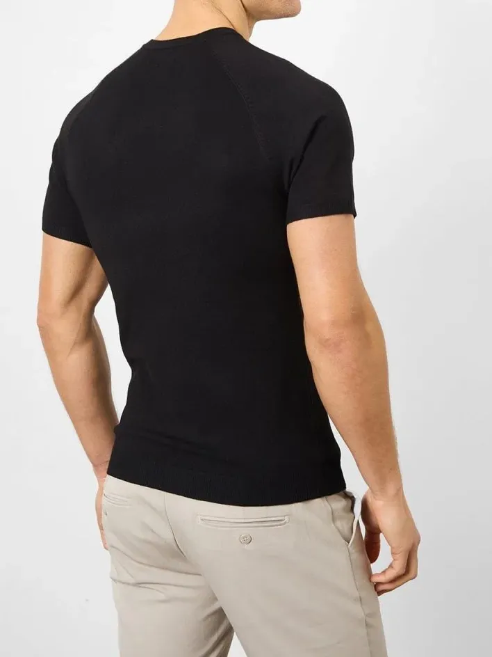 Black Fine Gauge Knitted Soft Simple Stone Polo Shirt