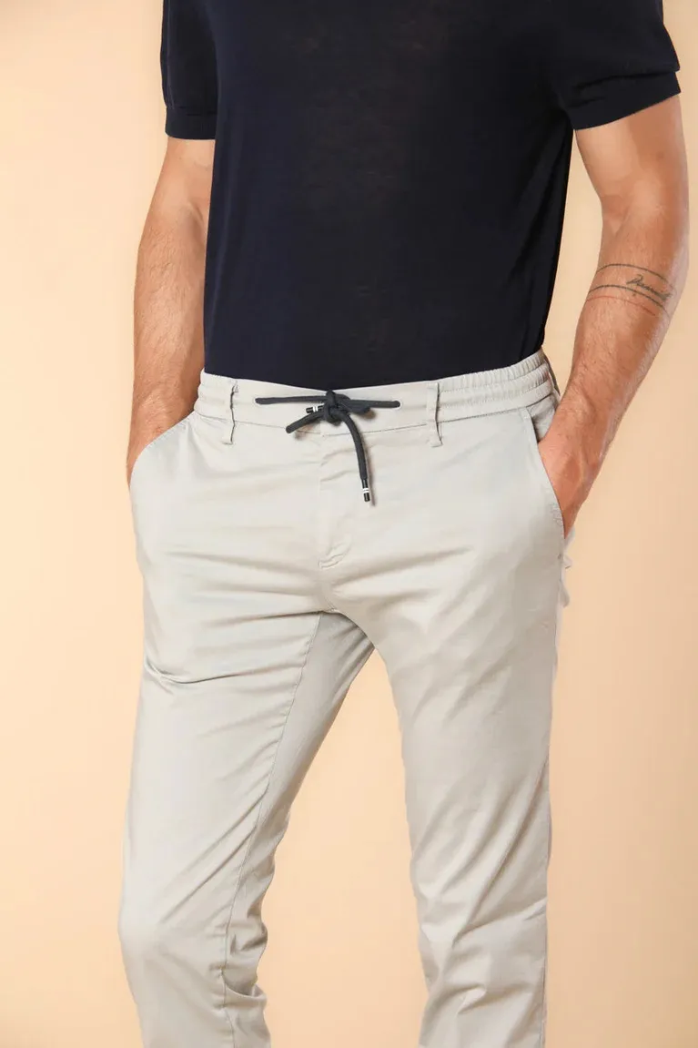 Men's  Pearl Gray Twill Elastic Waist Slim Fit Trousers
