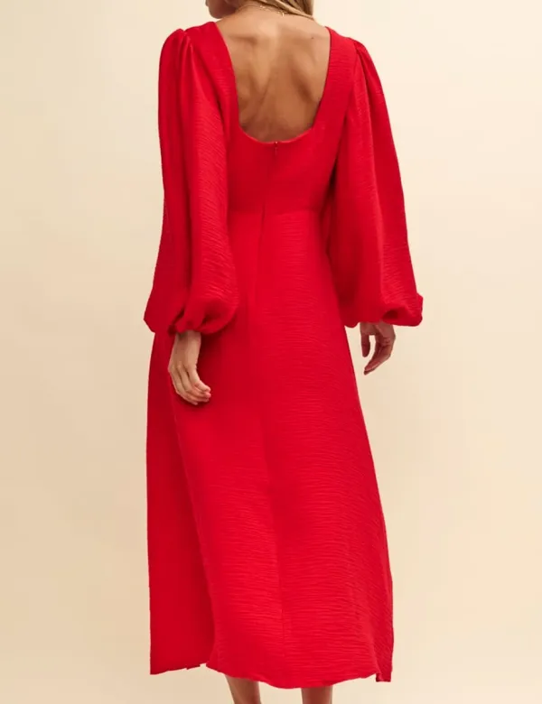 Red Linen-blend Beckless Balloon Sleeve Midi Dress