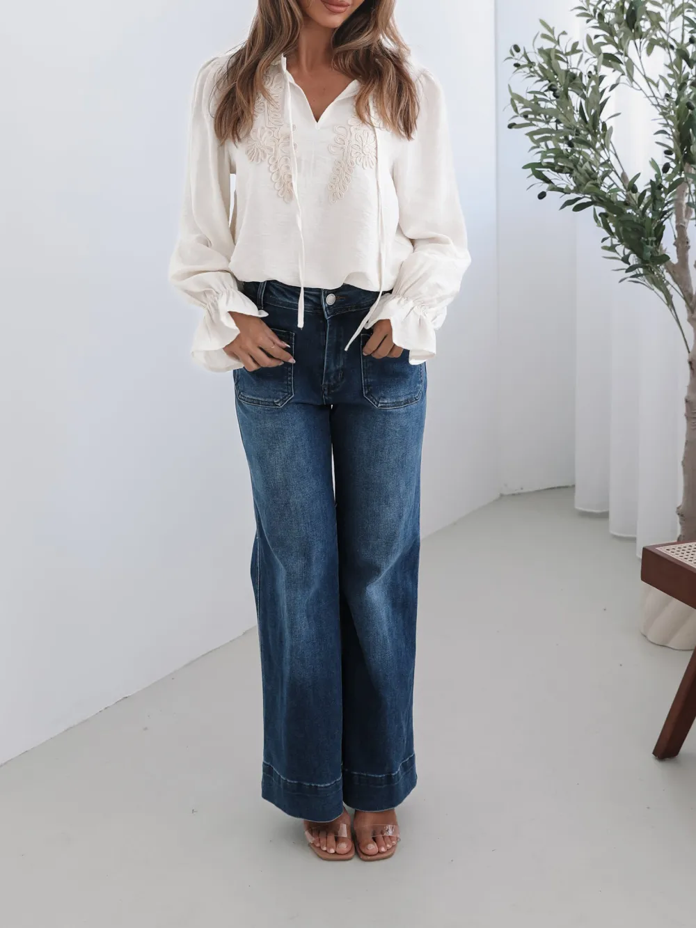 Long Sleeve Casual Style Cream Blouse