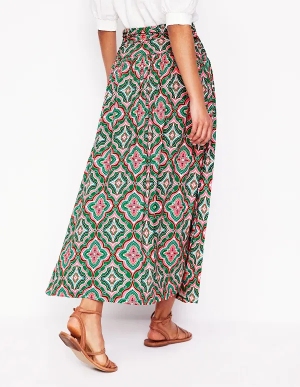 Green Geometric - Print Linen Midi Skirt