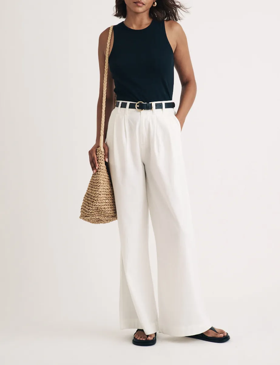 White Double Pleated Wide Leg Trousers