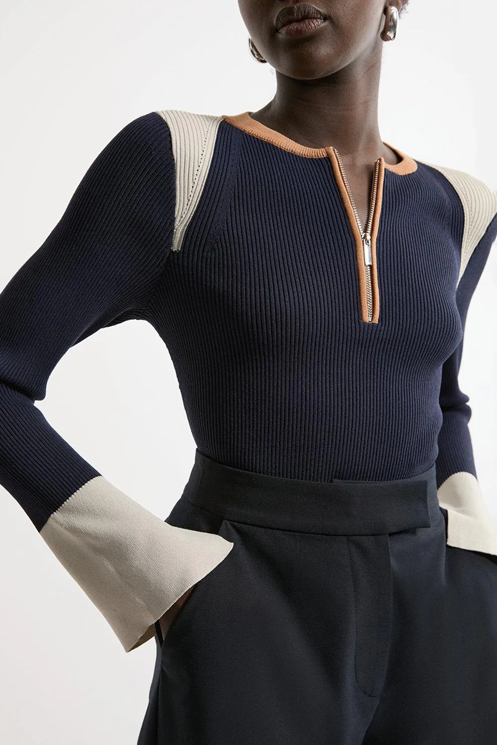 Casual Style Knit Half Zip Cuff Detail Top