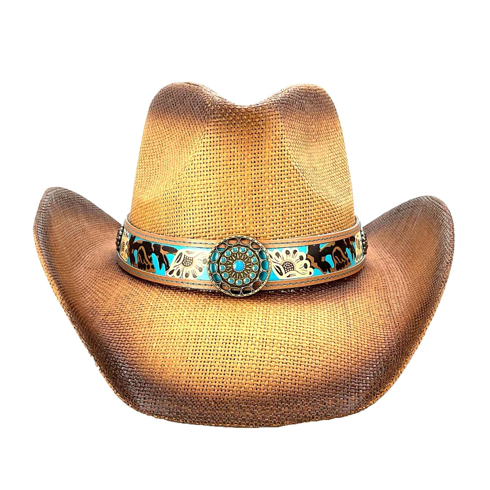 Straw Cowboy Hat with Turquoise Band and Concho