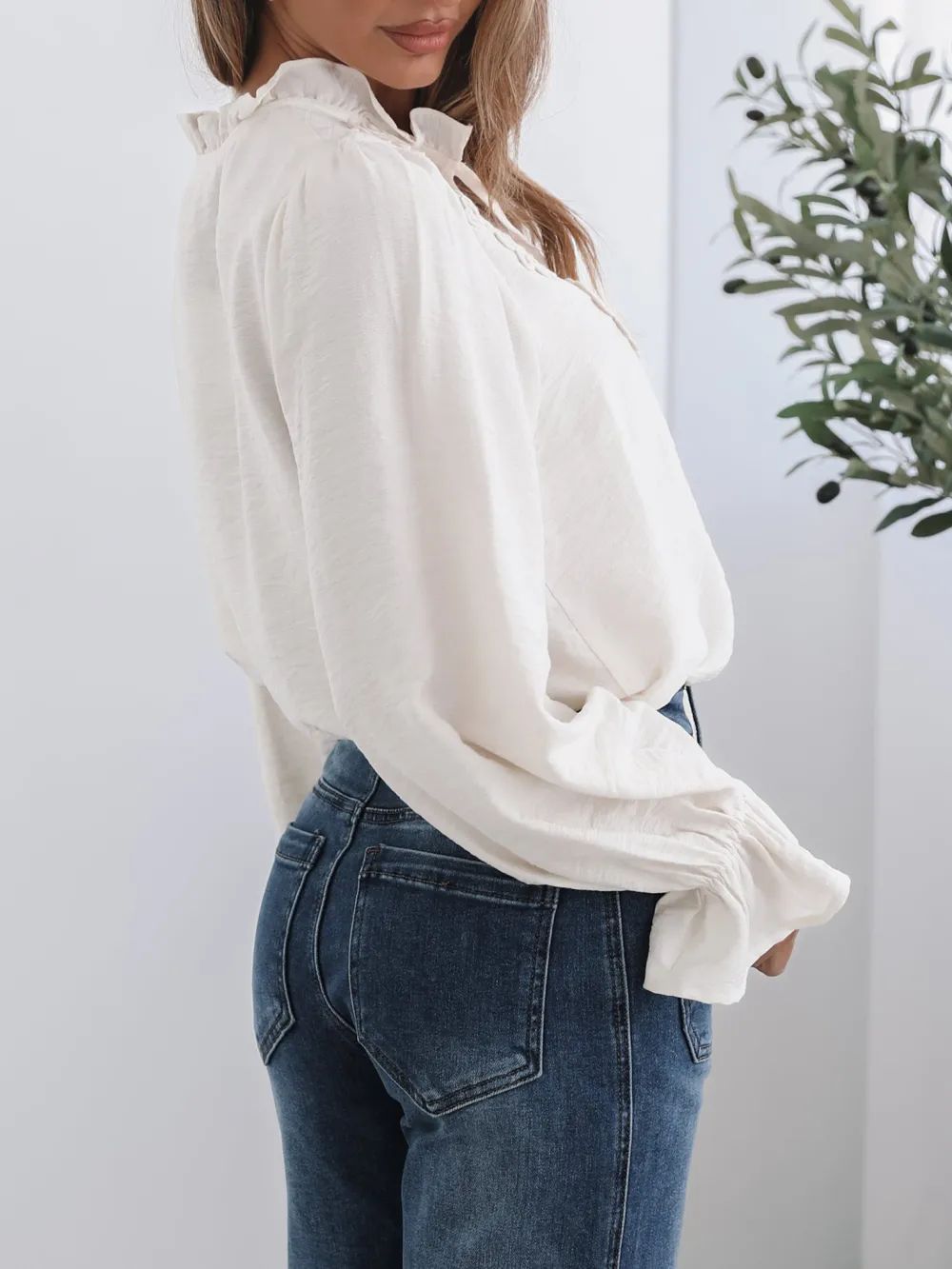 Long Sleeve Casual Style Cream Blouse