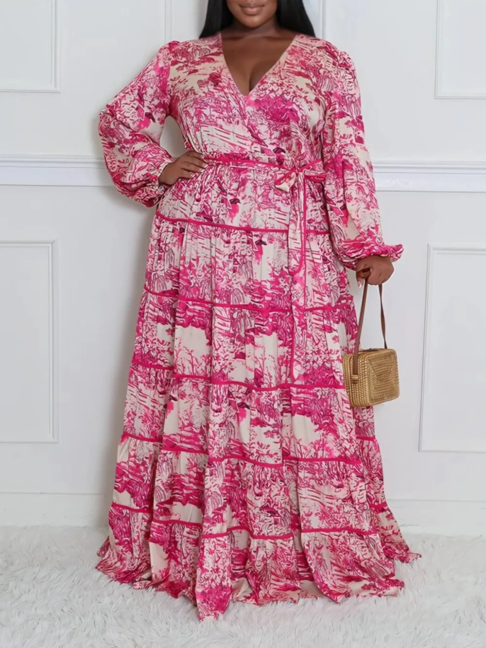 V-Neck Art Graphic Long Sleeve Dress