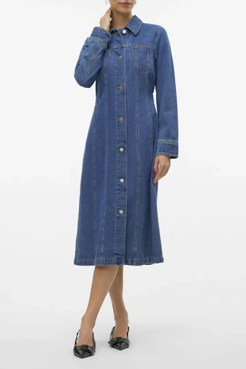 Denim Button Front Long Sleeve Dresses