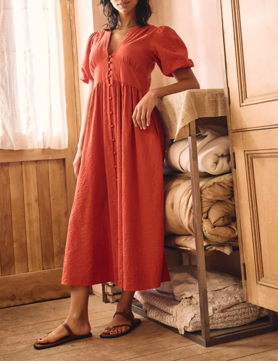 Red V-Neck Straight Cut Midi Dress