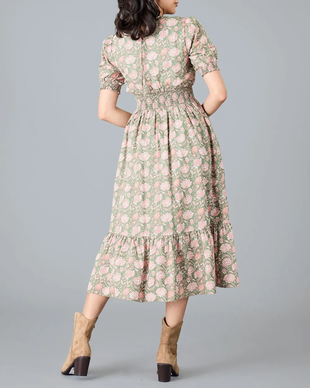 Green Pink Floral Print Midi Dress