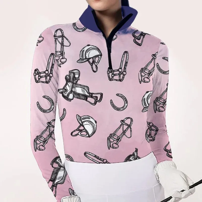 Horseshoes Women's Equestrian Style Harness Print Long Sleeve Casual Shirt